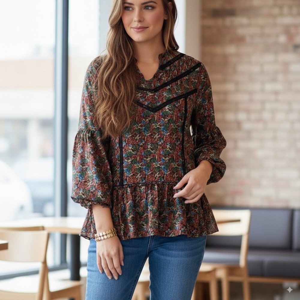 Matilda Jane Floral Blouse Women's Long Sleeve Black Lace‎ Trimmed LG